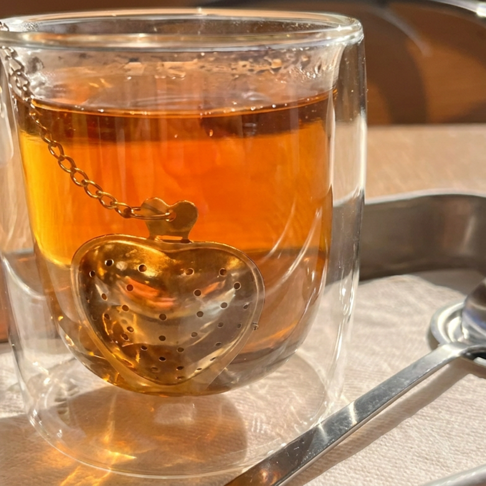 Glass cup of amber tea with a heart-shaped infuser on a metal serving tray beside a spoon.