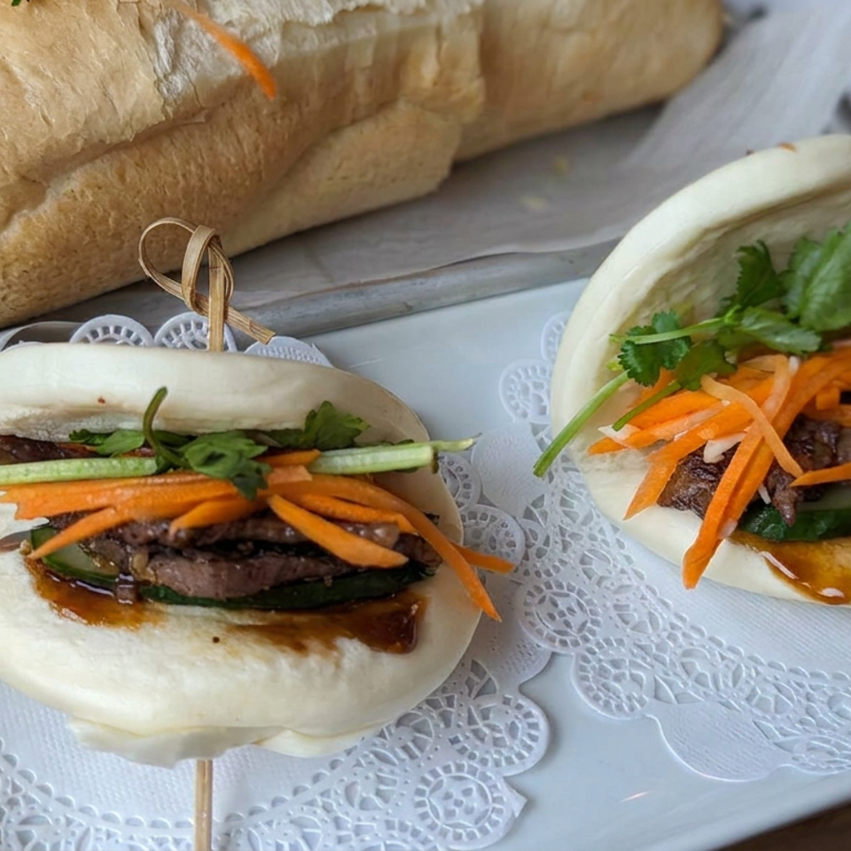 Two steamed bao buns filled with grilled meat, carrots, cucumber, cilantro, and sauce on a decorative platter.
