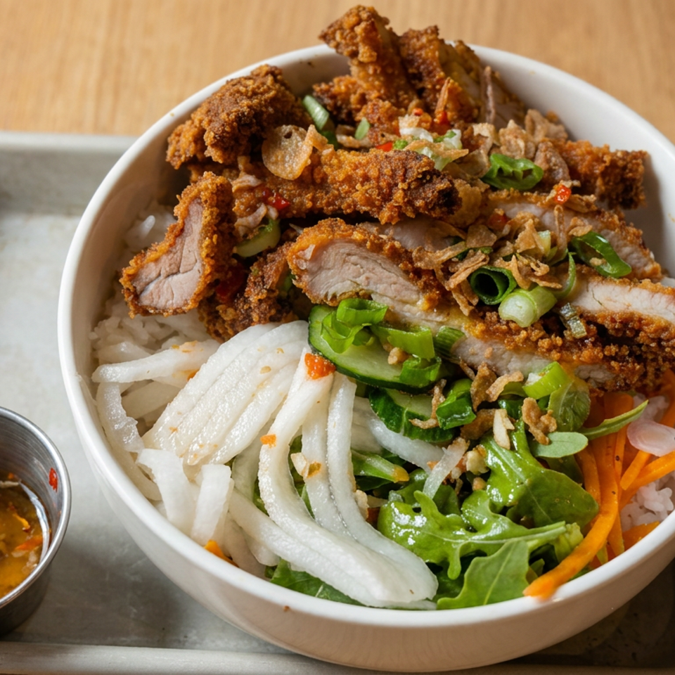 Vietnamese rice bowl topped with crispy fried pork, pickled vegetables, greens, scallions, and chili dipping sauce.