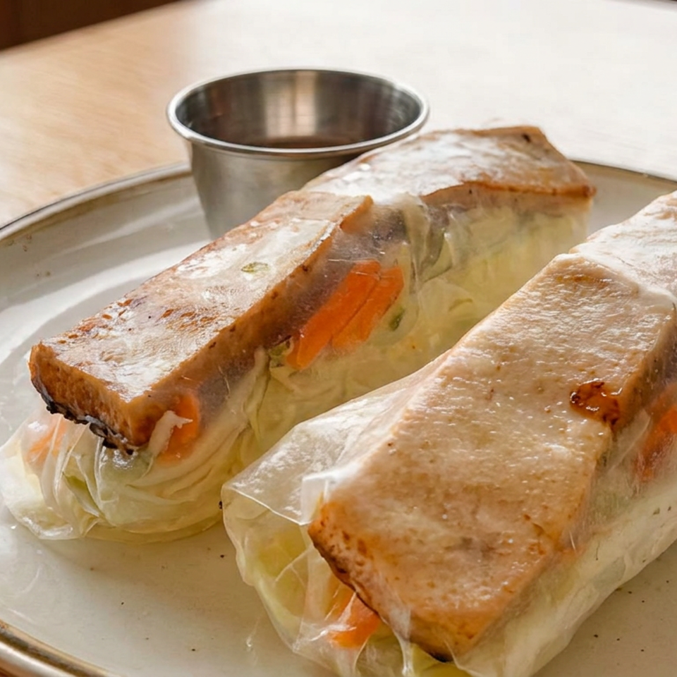 Two crispy tofu and vegetable spring rolls on a ceramic plate with dipping sauce in a metal cup.
