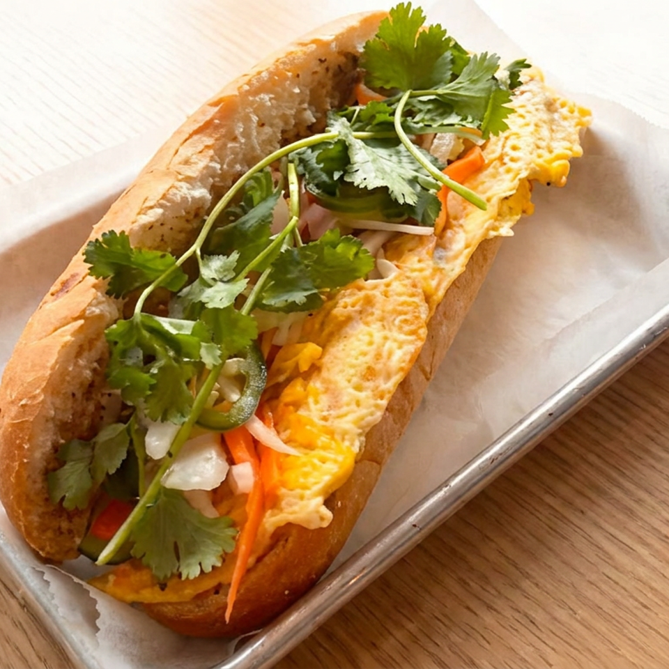 Vietnamese-style baguette sandwich filled with omelet, vegetables, jalapeño, and fresh cilantro on a metal tray.