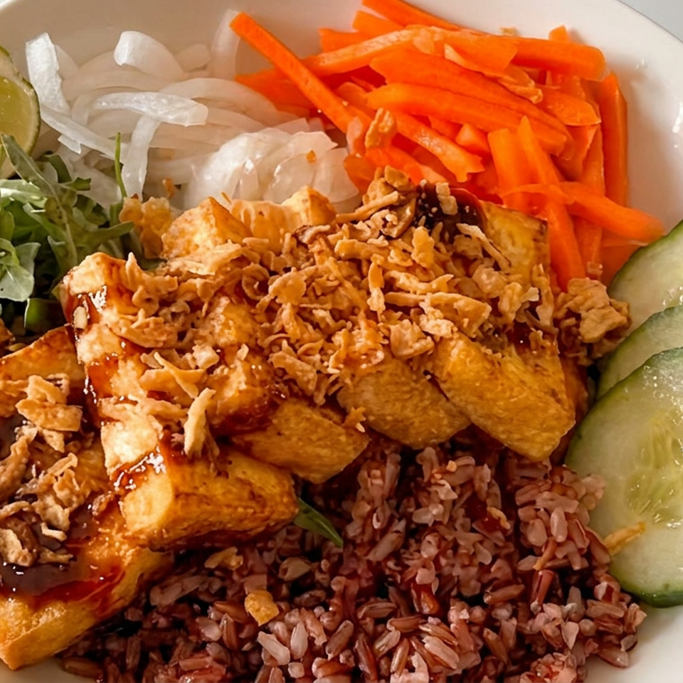 Bowl of glazed tofu over brown rice with crispy onions, shredded carrots, cucumber, greens, lime, and sliced onion.